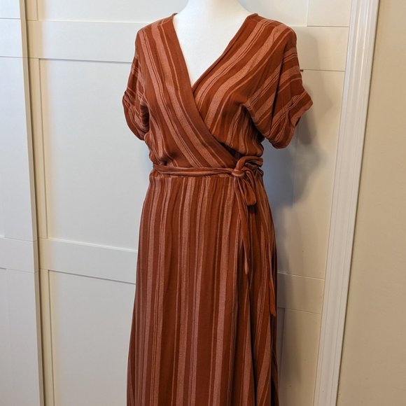 Midi Terra Cotta Striped Wrap Dress Size S - Picture 7 of 14